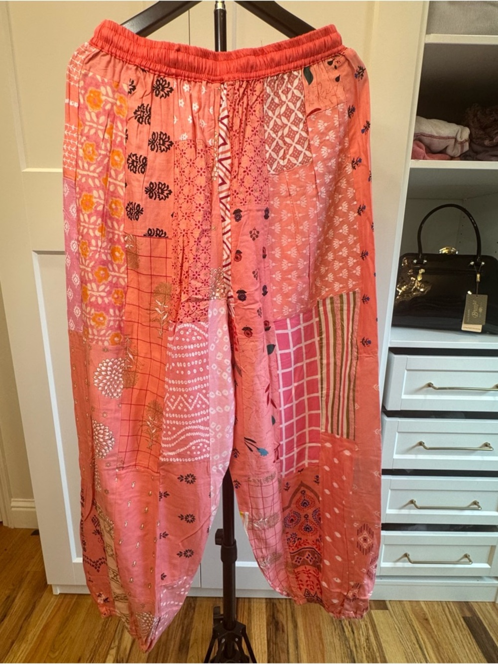 Boho Patchwork Drawstring Pants - Coral Pink Size S/M - Picture 2 of 5